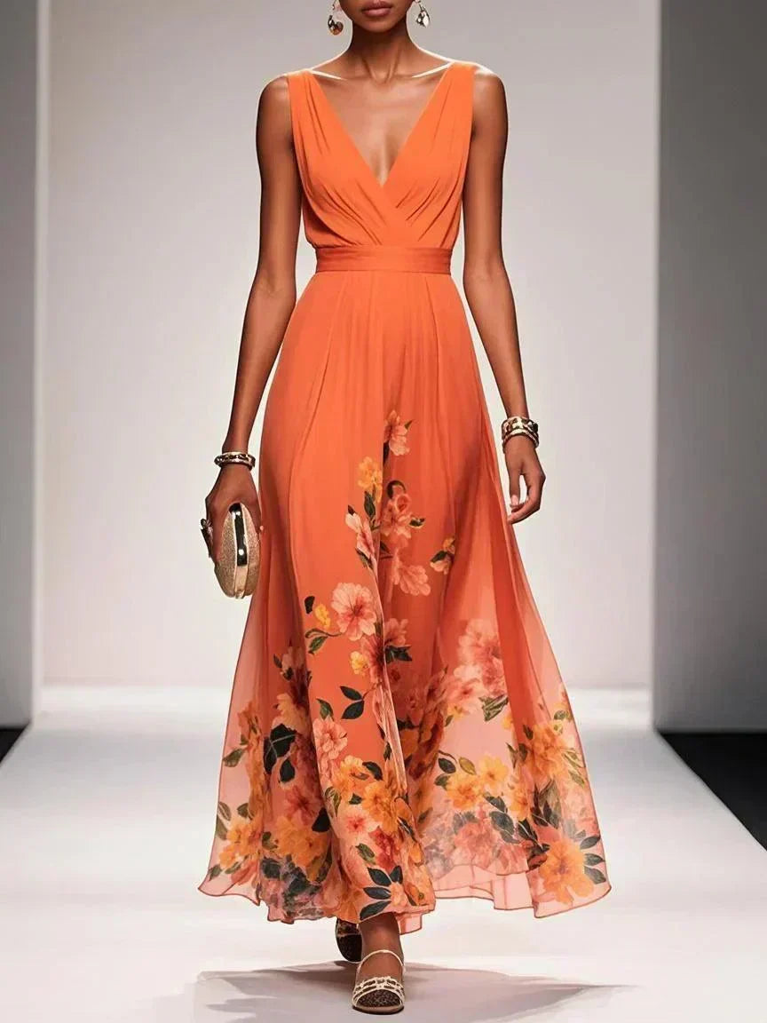 Ladies' Summer Dress with Floral Print and V-Neck for Weddings