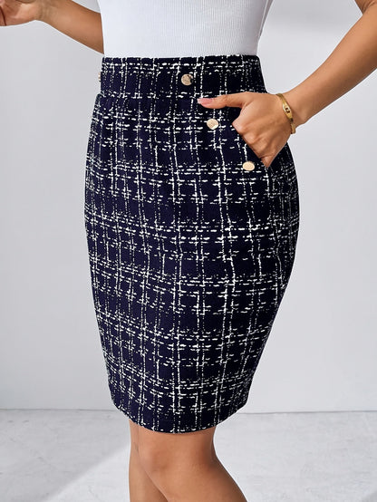 Chic Checked Pencil Skirt with Decorative Buttons and Pockets
