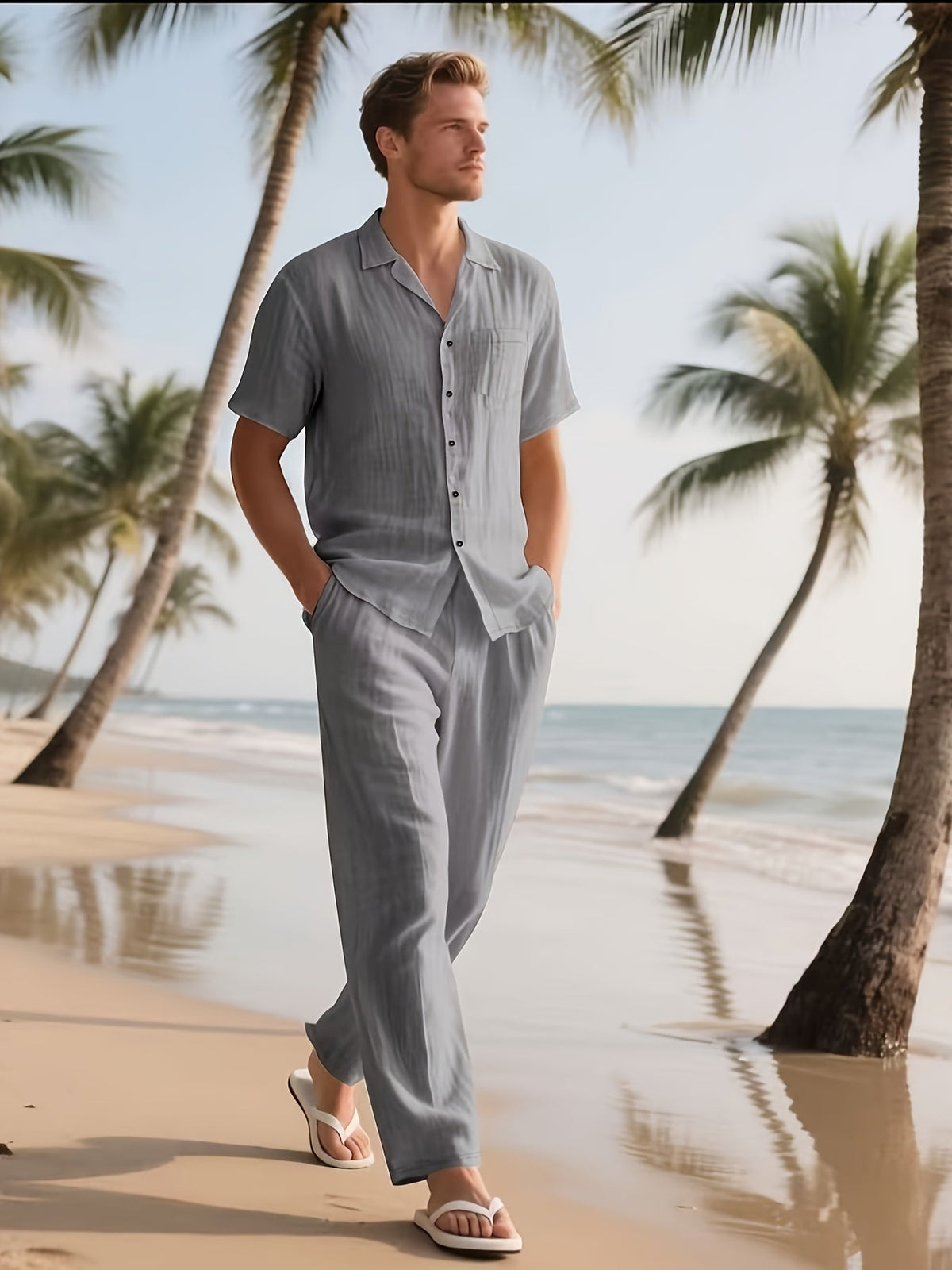 Completo casual da uomo in lino – Comodo e leggero, con pantaloni lunghi e maniche corte
