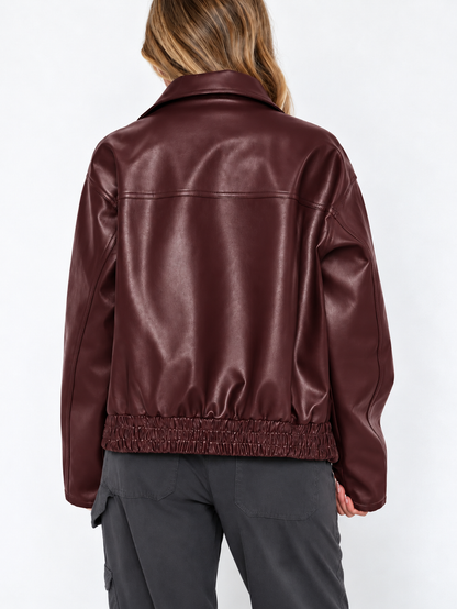 Ladies Trendy Oversized Faux Leather Jacket with Wide Collar