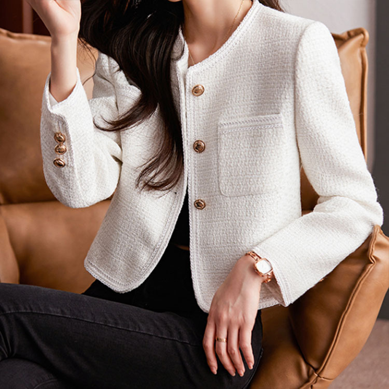 Americana corta elegante de tweed para mujer con botones dorados