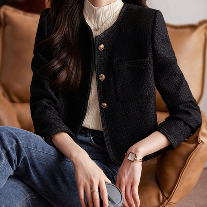 Americana corta elegante de tweed para mujer con botones dorados