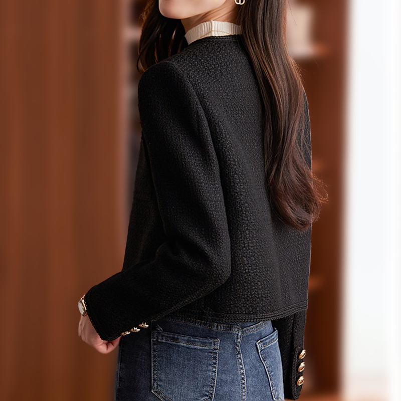 Americana corta elegante de tweed para mujer con botones dorados