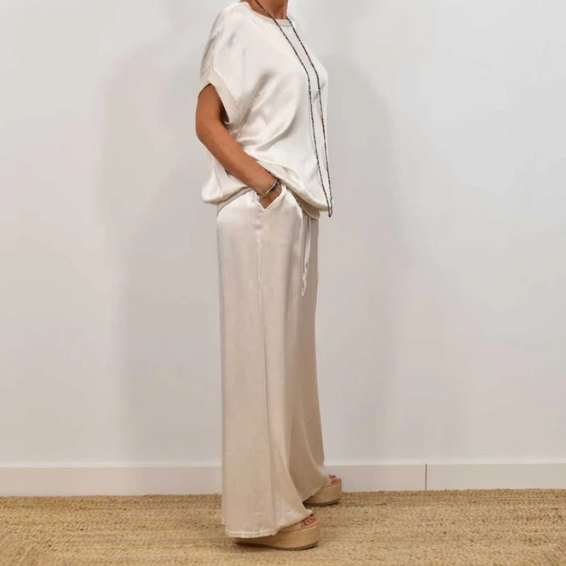 Ladies Two-Piece Satin Set with Top and Wide Trousers