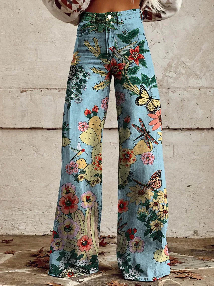 Wide Trousers for Women with Floral Print