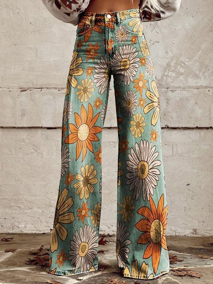 Wide Trousers for Women with Floral Print