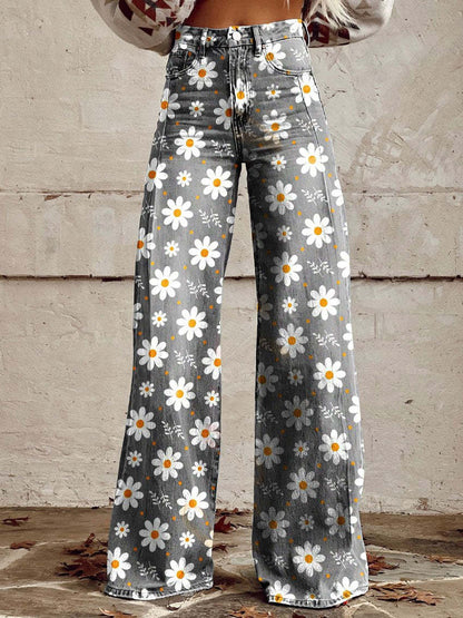 Wide Trousers for Women with Floral Print