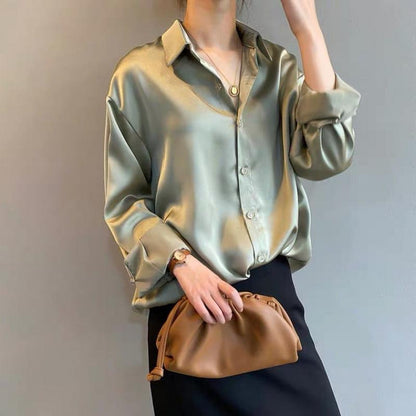 Ladies Glamorous Satin Blouse with Collar and Long Sleeves