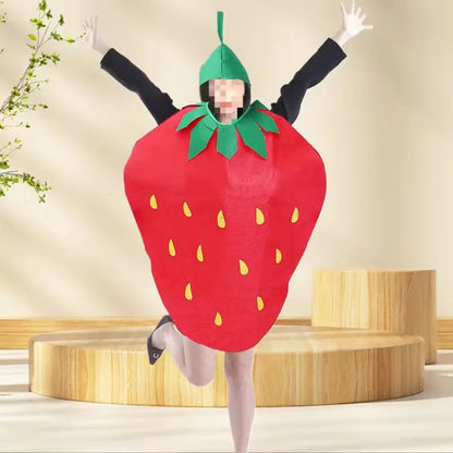 Costume de fraise avec feuilles vertes et coiffe pour le carnaval