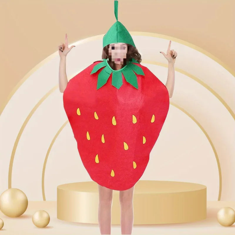 Costume de fraise avec feuilles vertes et coiffe pour le carnaval