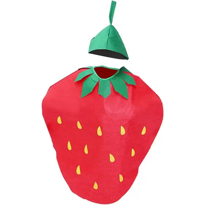 Costume de fraise avec feuilles vertes et coiffe pour le carnaval