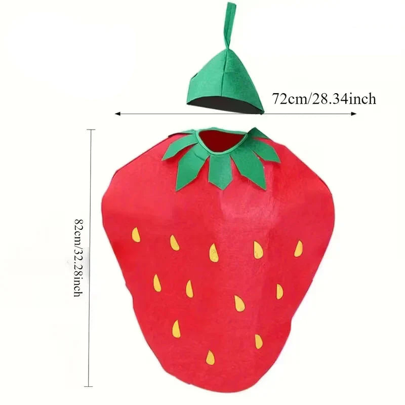 Costume de fraise avec feuilles vertes et coiffe pour le carnaval