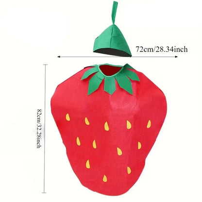 Costume de fraise avec feuilles vertes et coiffe pour le carnaval