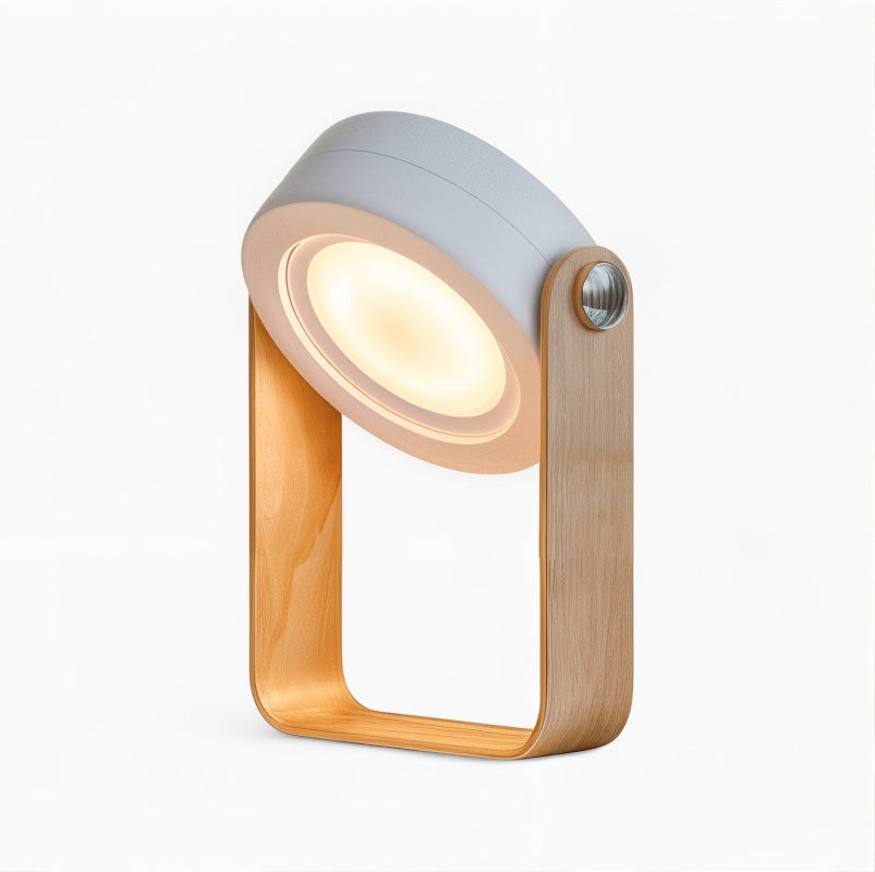 Dimmable LED Table Lamp with Wooden Frame and 360-Degree Adjustable Light