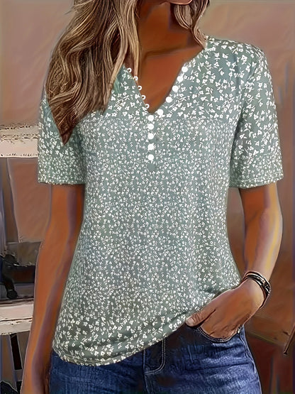 Alaia – Casual Summer Top with V-Neck, Button Closure, and Short Sleeves