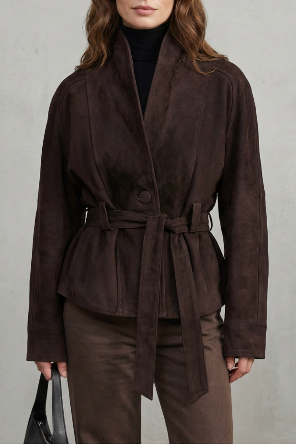 Ladies' Short Wool Jacket with Belt and Wide Lapels