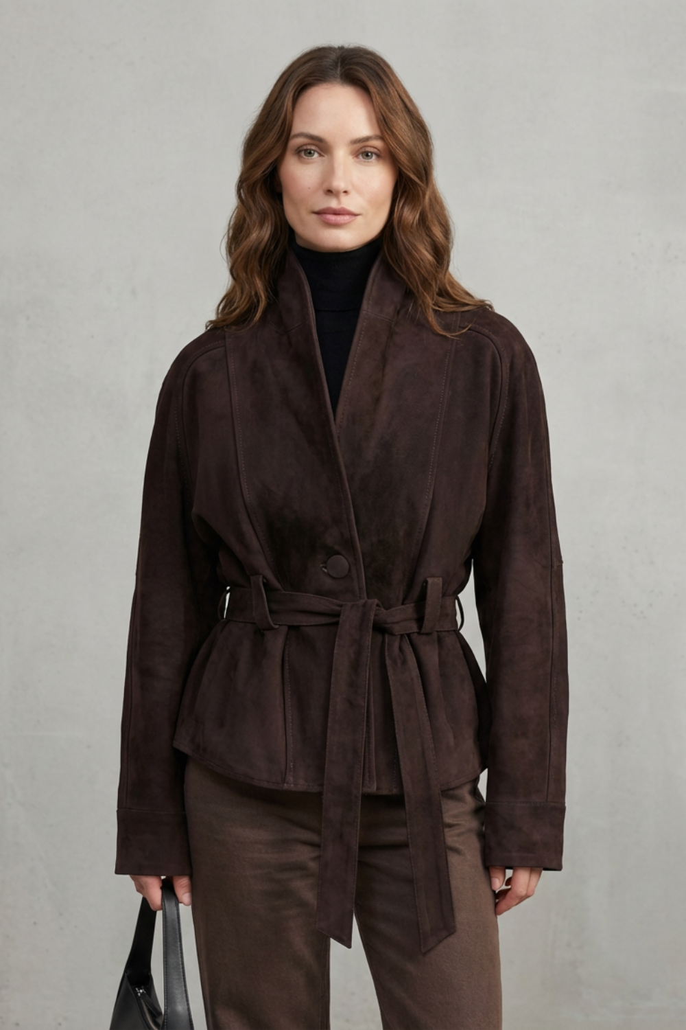Ladies' Short Wool Jacket with Belt and Wide Lapels