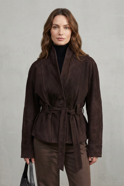 Ladies' Short Wool Jacket with Belt and Wide Lapels