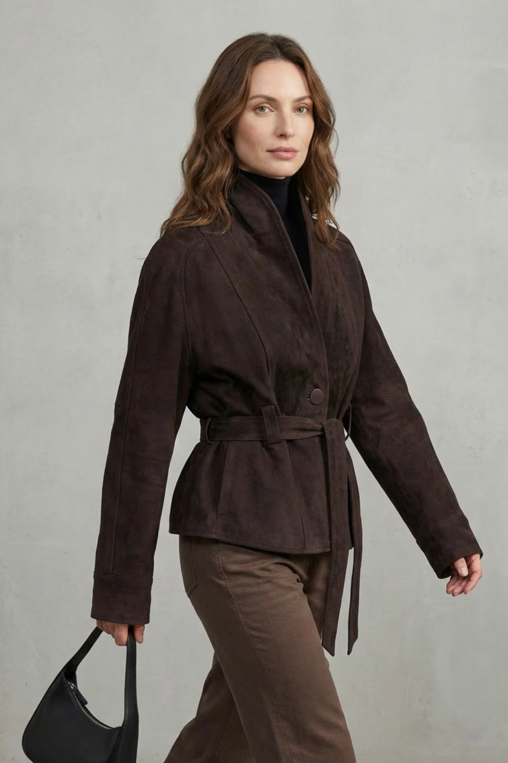 Ladies' Short Wool Jacket with Belt and Wide Lapels