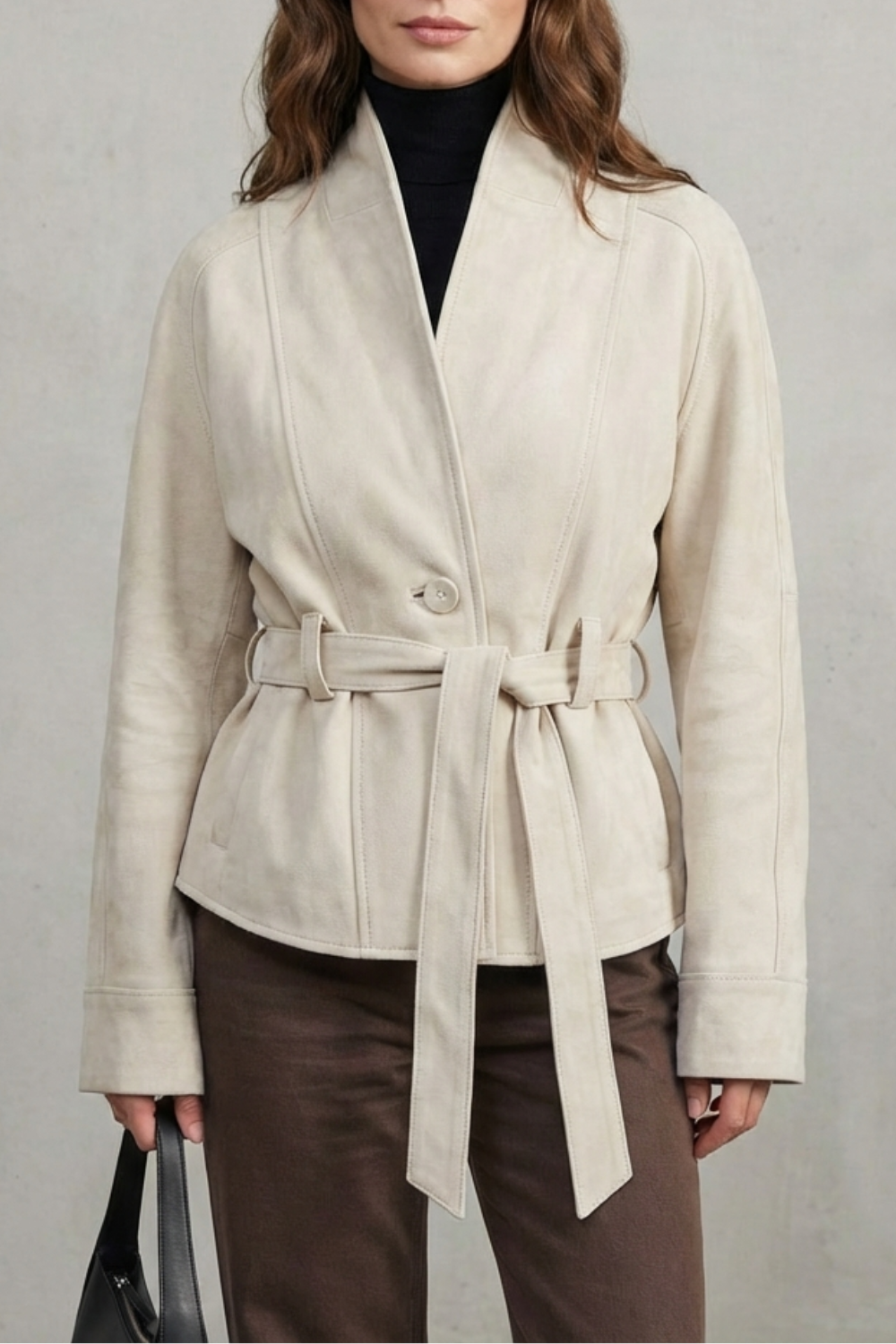Ladies' Short Wool Jacket with Belt and Wide Lapels