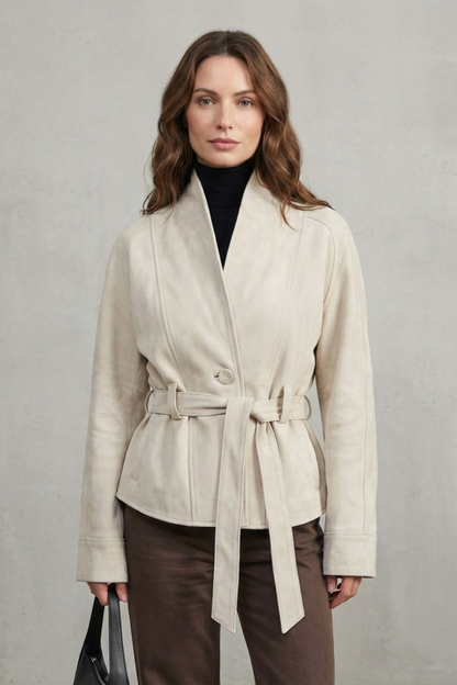 Ladies' Short Wool Jacket with Belt and Wide Lapels
