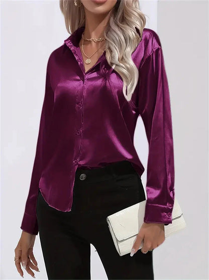 Blusa elegante in raso da donna, con colletto e chiusura con bottoni