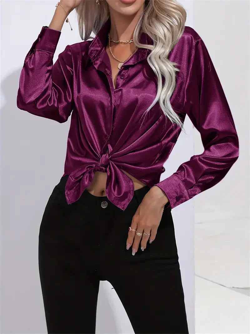 Elegant Satin Blouse with Collar and Button Closure for Women