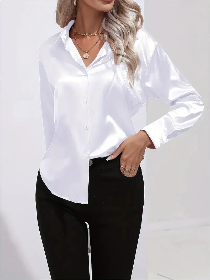 Elegant Satin Blouse with Collar and Button Closure for Women