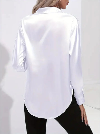 Blusa elegante in raso da donna, con colletto e chiusura con bottoni