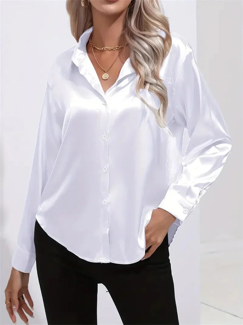 Elegant Satin Blouse with Collar and Button Closure for Women