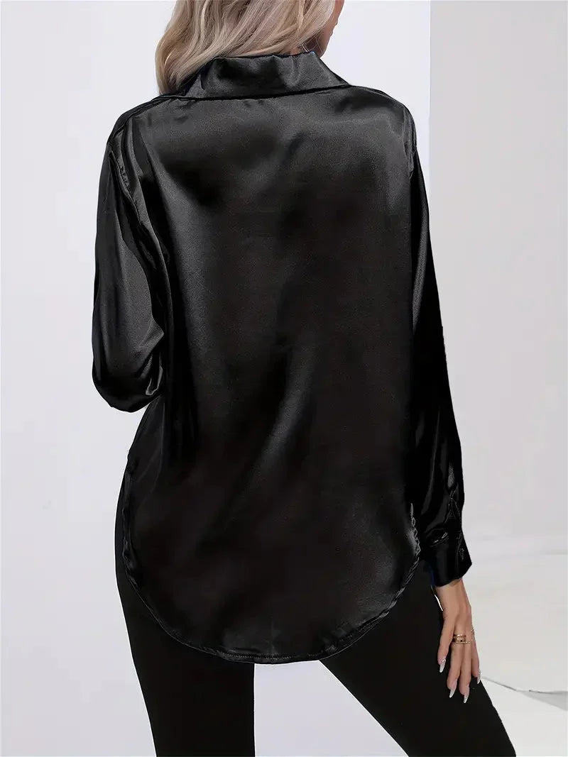 Blusa elegante in raso da donna, con colletto e chiusura con bottoni