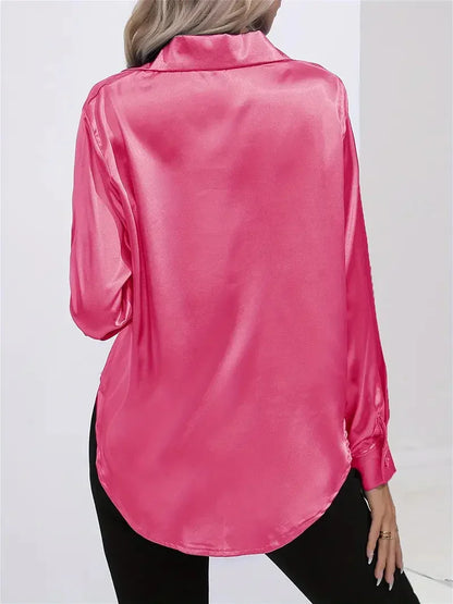Blusa elegante in raso da donna, con colletto e chiusura con bottoni