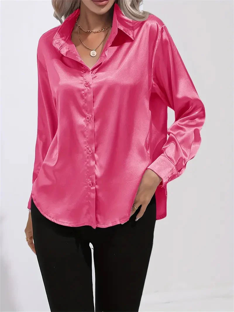 Blusa elegante in raso da donna, con colletto e chiusura con bottoni
