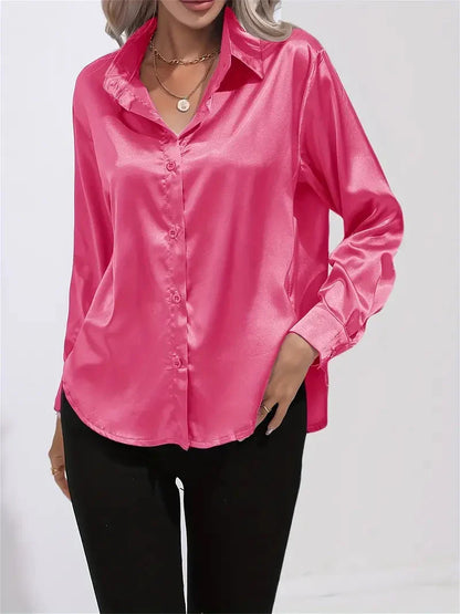Blusa elegante in raso da donna, con colletto e chiusura con bottoni