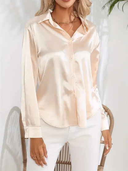 Blusa elegante in raso da donna, con colletto e chiusura con bottoni