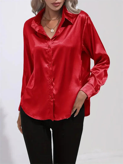 Blusa elegante in raso da donna, con colletto e chiusura con bottoni