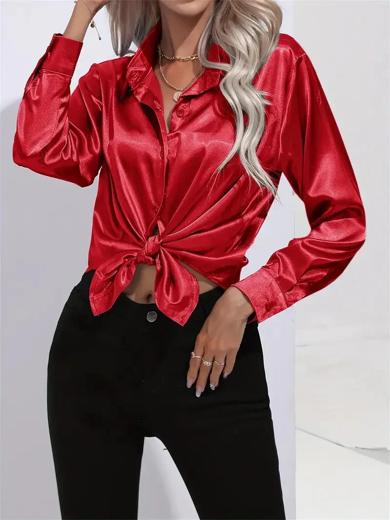 Elegant Satin Blouse with Collar and Button Closure for Women