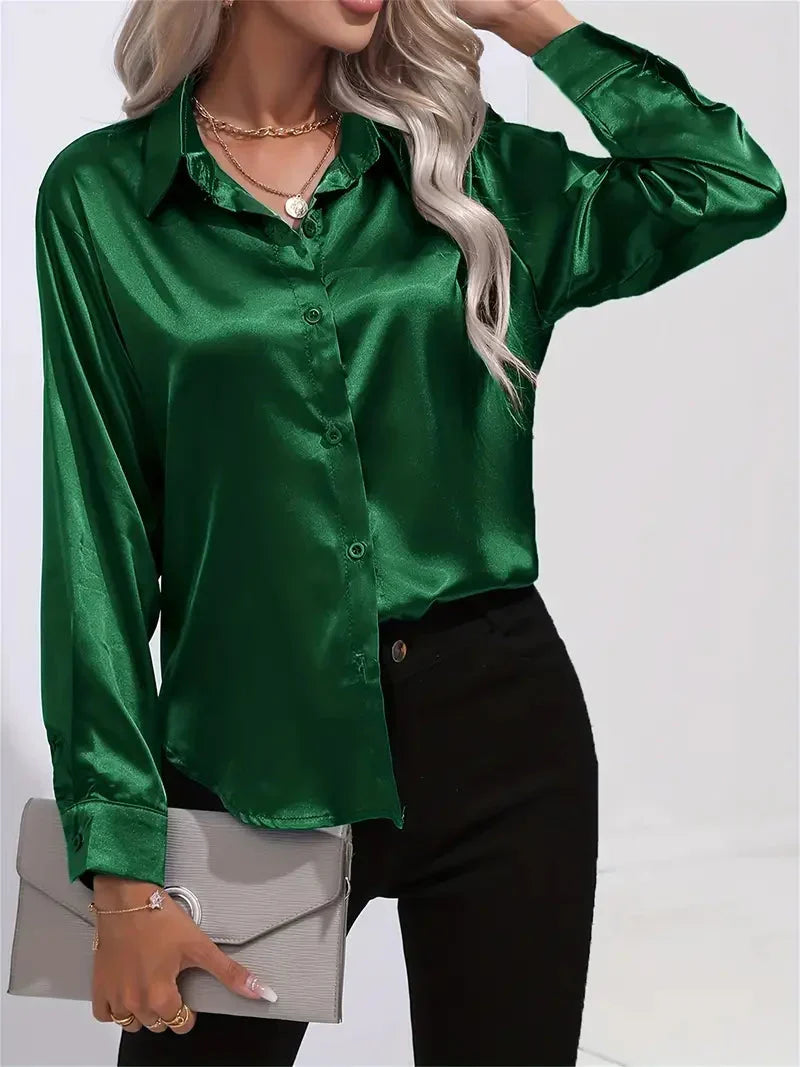 Elegant Satin Blouse with Collar and Button Closure for Women
