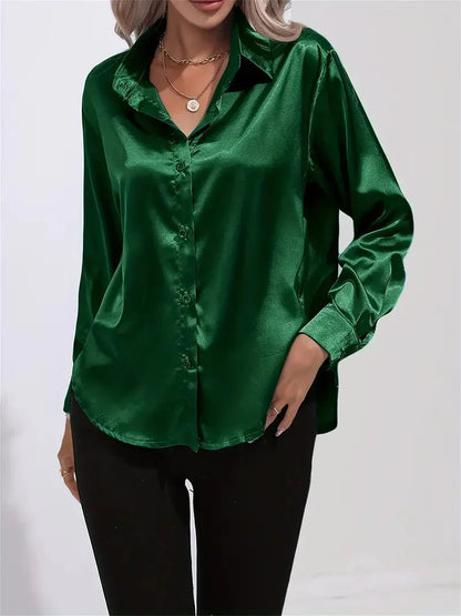 Blusa elegante in raso da donna, con colletto e chiusura con bottoni