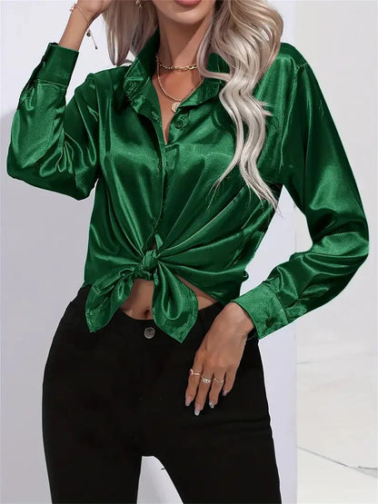 Blusa elegante in raso da donna, con colletto e chiusura con bottoni