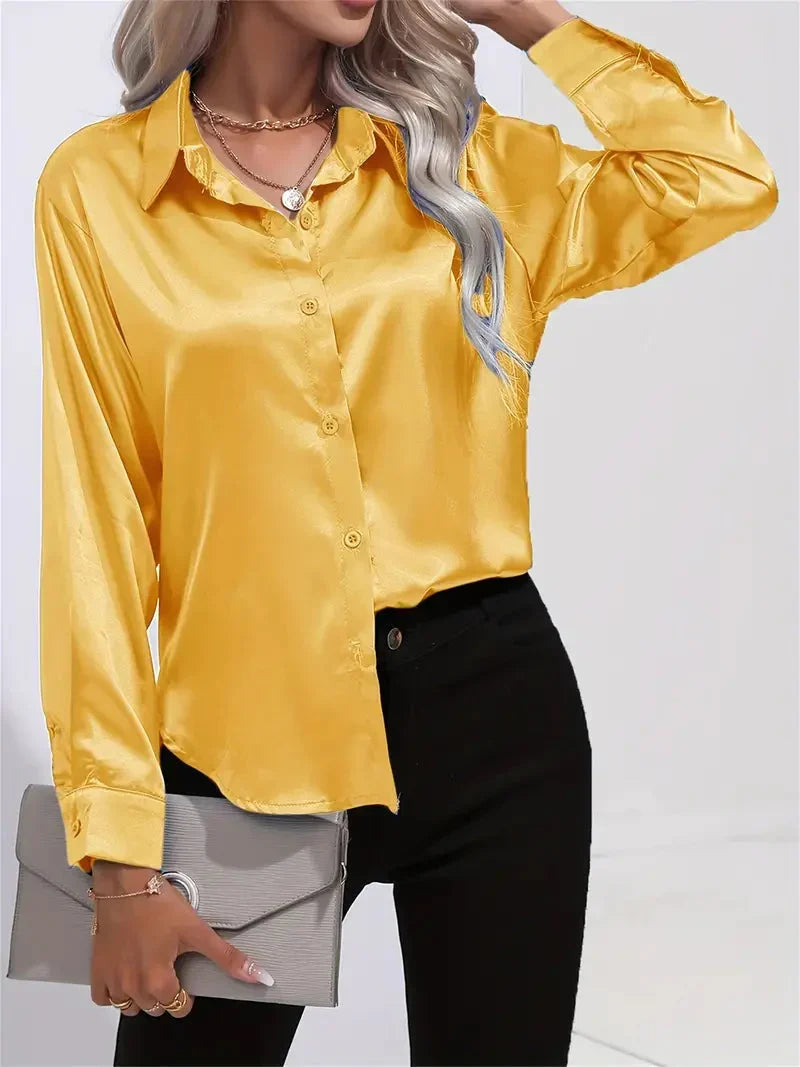 Blusa elegante in raso da donna, con colletto e chiusura con bottoni