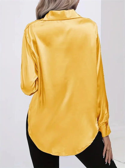 Blusa elegante in raso da donna, con colletto e chiusura con bottoni