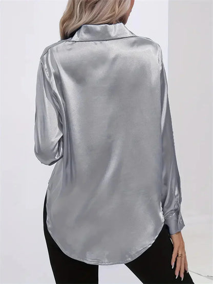 Blusa elegante in raso da donna, con colletto e chiusura con bottoni