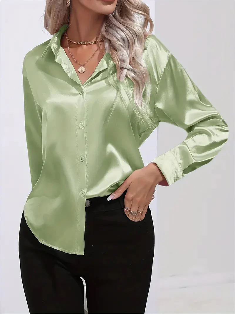 Elegant Satin Blouse with Collar and Button Closure for Women