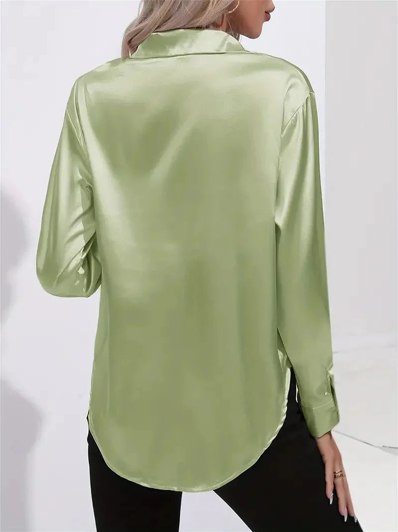 Elegant Satin Blouse with Collar and Button Closure for Women