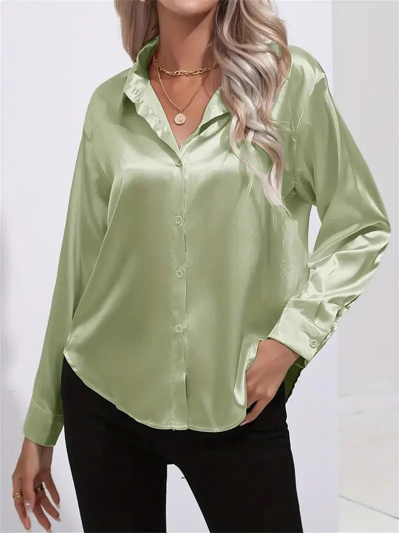 Elegant Satin Blouse with Collar and Button Closure for Women