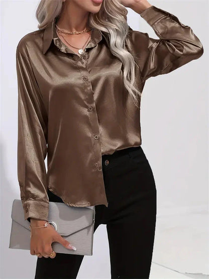 Blusa elegante in raso da donna, con colletto e chiusura con bottoni
