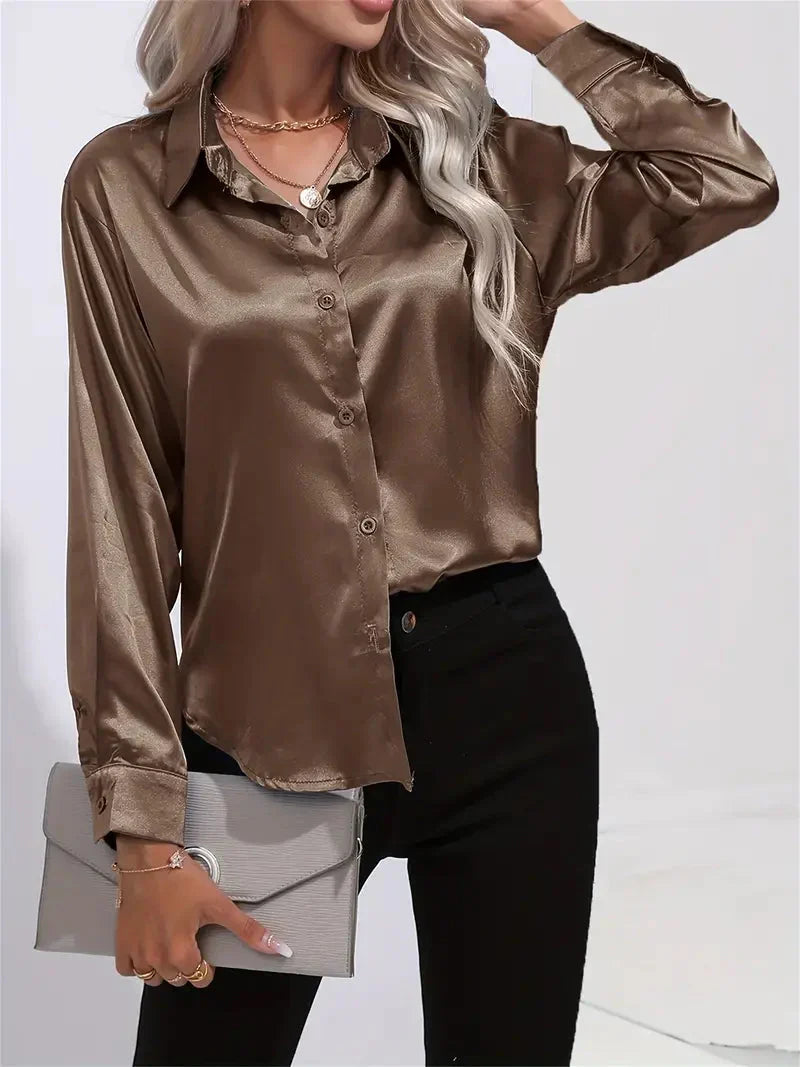 Elegant Satin Blouse with Collar and Button Closure for Women