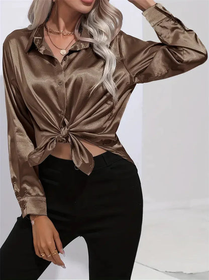 Blusa elegante in raso da donna, con colletto e chiusura con bottoni