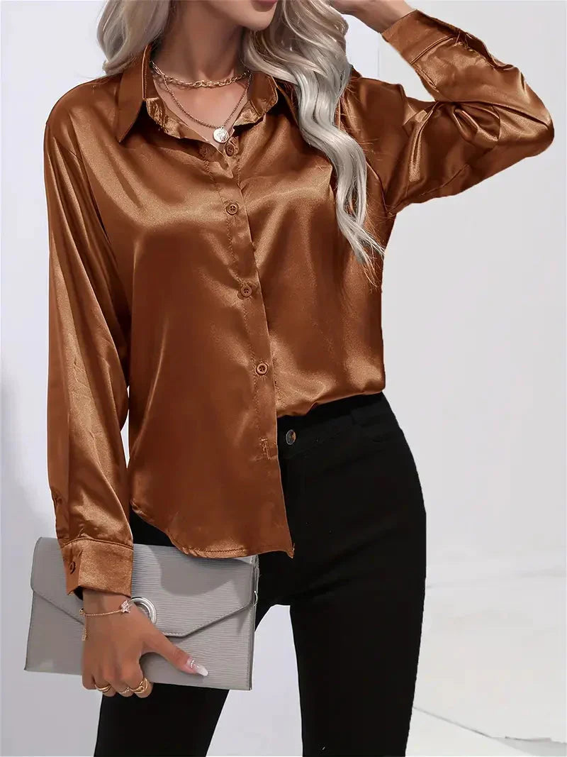 Elegant Satin Blouse with Collar and Button Closure for Women